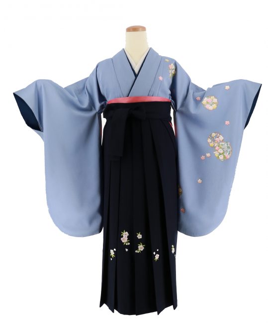 卒業式袴レンタルNo.440[シンプル]薄い群青色・桜梅・花の丸